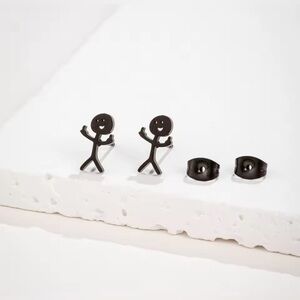 18K Black Gold Stick Figure Middle Finger, Flipping Off/ The Bird Stud Earrings